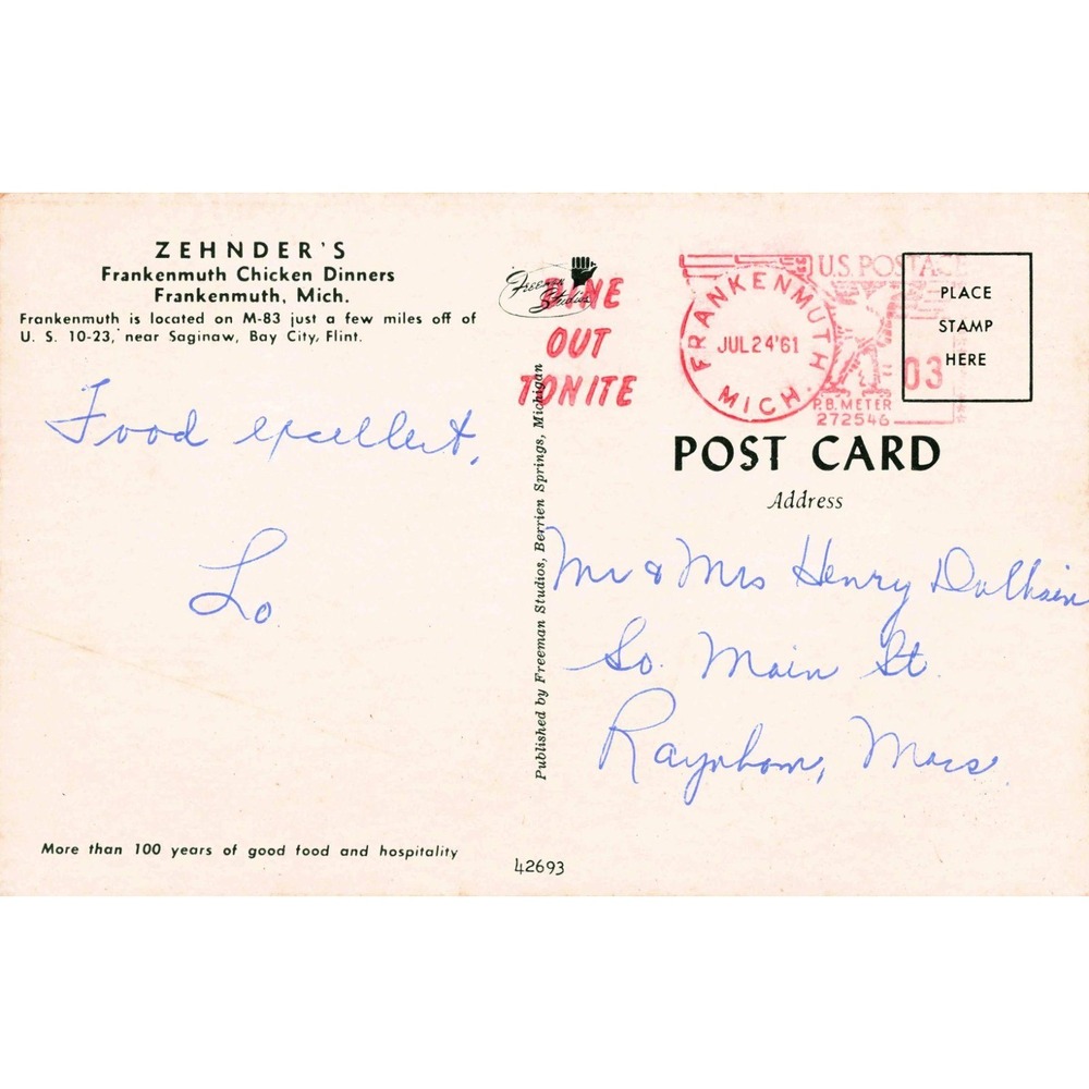Vintage Zehnder's Frankenmuth Chicken Dinners Postcard Michigan 1961 Postmark - Picture 2 of 2